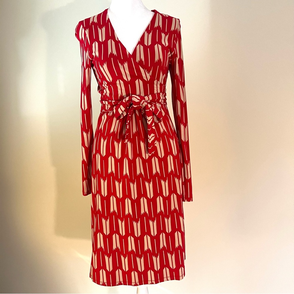 Boden red and cream faux wrap dress size 6R